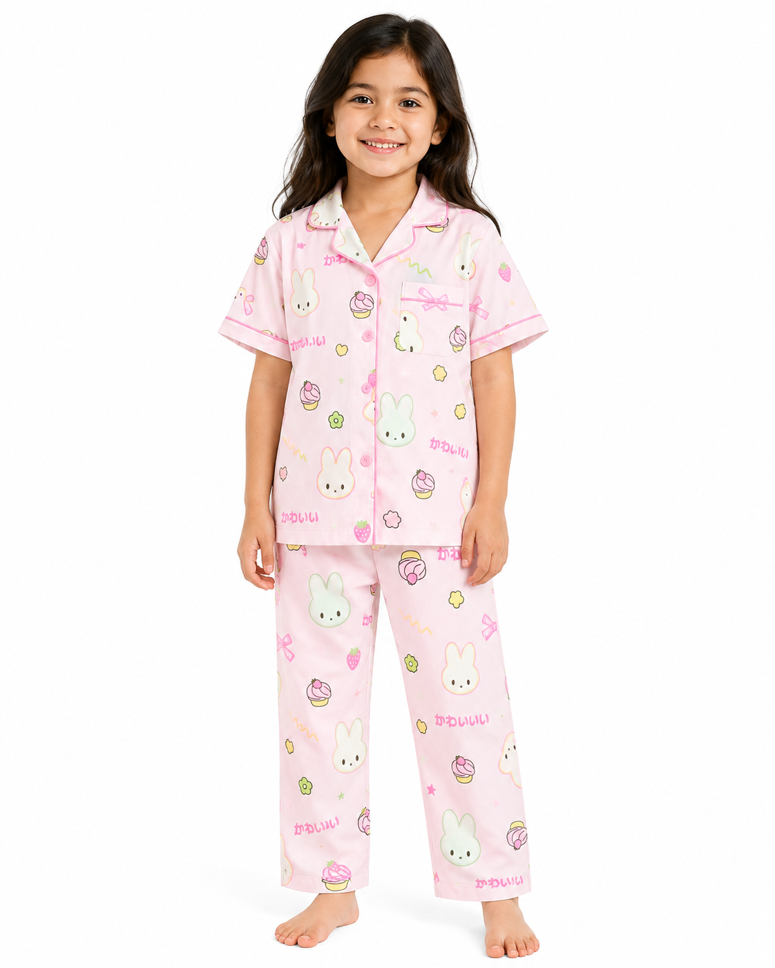 Unisex Kids Pink Bunny Printed Cotton Night Suit