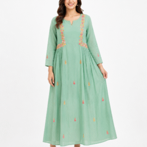 Mint green floral frock for women with full sleeves and flared silhouette