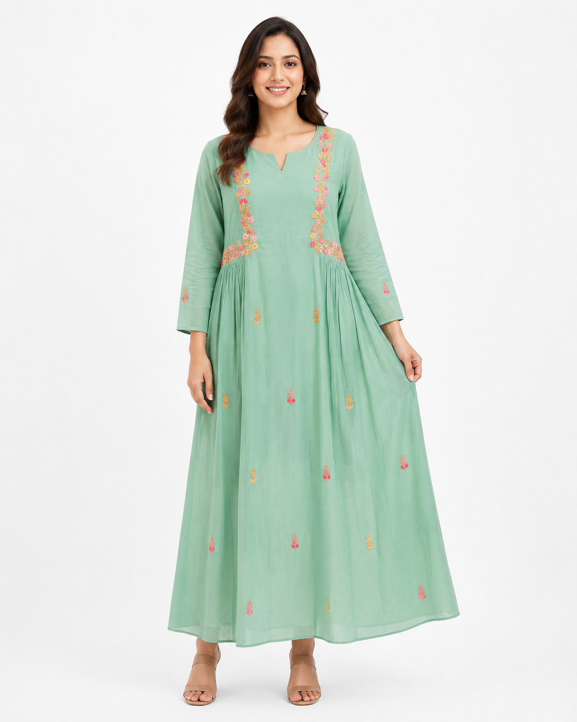 Mint green floral frock for women with full sleeves and flared silhouette