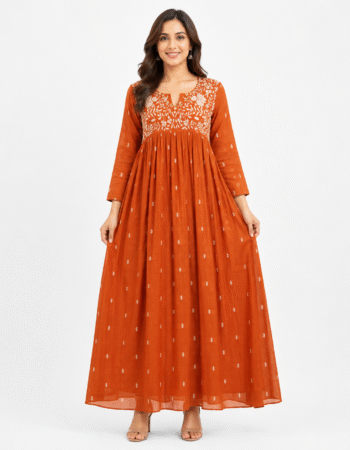 Elegant Orange Embroidered Frock for Women