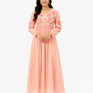 Peach Floral Cotton Maxi Frock for Women with Floral Print
