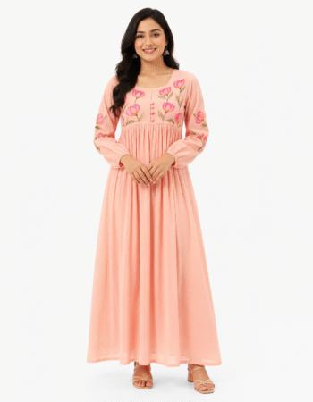 Peach Floral Printed Cotton Maxi Frock