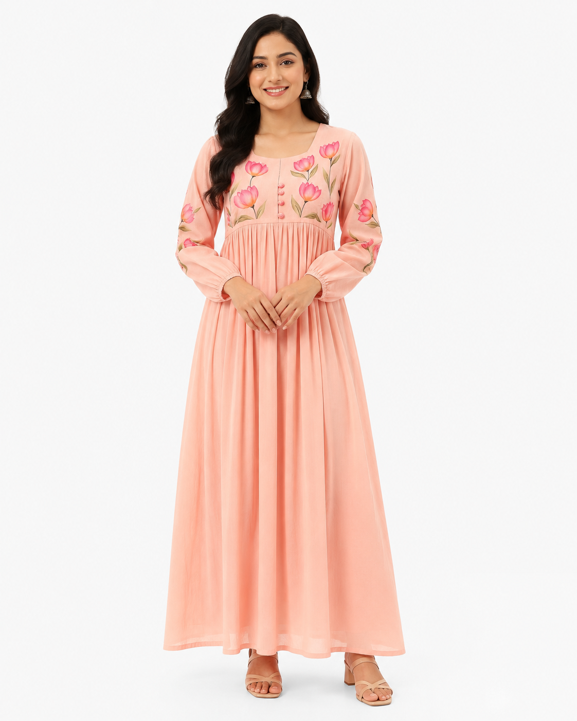Peach Floral Cotton Maxi Frock for Women with Floral Print