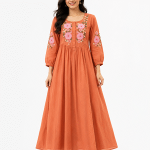 Rust Orange Cotton Embroidered Maxi Frock