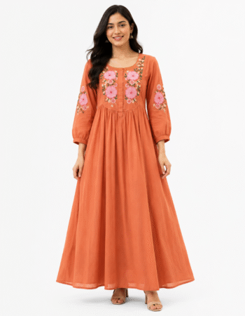 Rust Orange Cotton Embroidered Maxi Frock