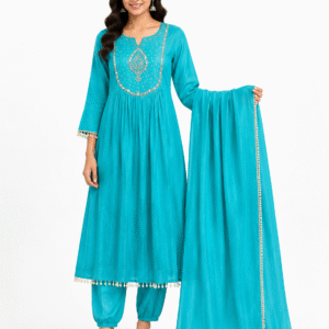 Turquoise Embroidered Cotton Kurta Pant Dupatta Set