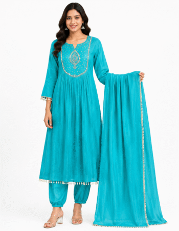 Turquoise Embroidered Cotton Kurta Pant Dupatta Set