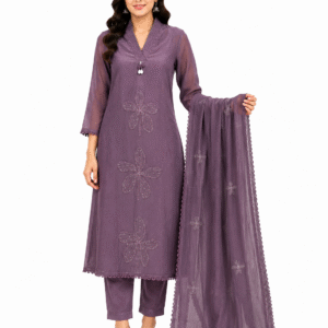 Mauve Floral Embroidered Cotton Kurta Pant Dupatta Set