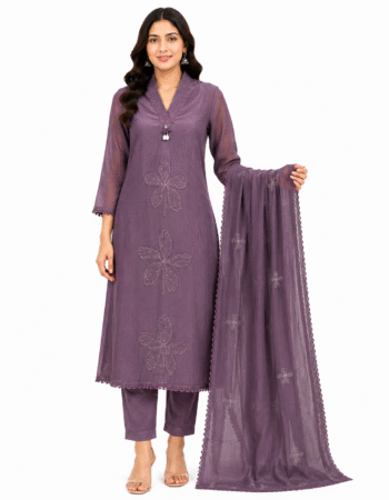 Mauve Floral Embroidered Cotton Kurta Pant Dupatta Set