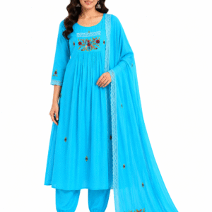 Blue Blossom Embroidered Cotton Kurta Pant Dupatta Set