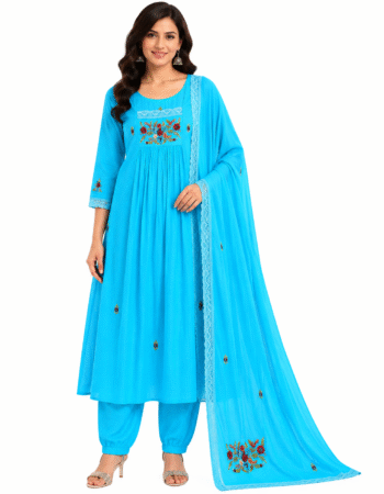 Blue Blossom Embroidered Cotton Kurta Pant Dupatta Set
