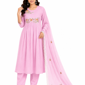 Pink Embroidered Cotton Kurta Pant Dupatta Set