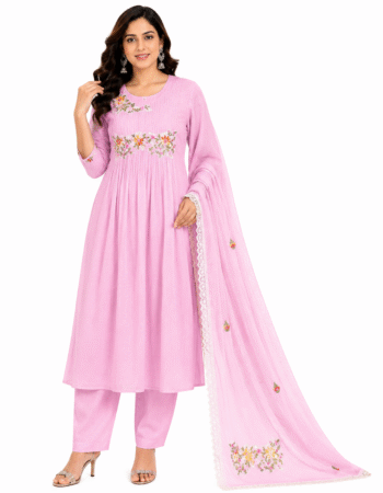 Pink Embroidered Cotton Kurta Pant Dupatta Set