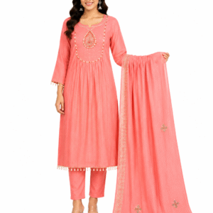 Coral Embroidered Cotton Kurta Pant Dupatta Set
