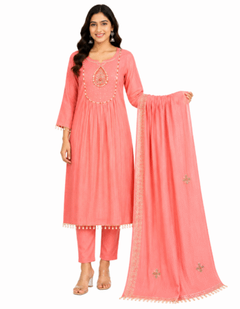 Coral Embroidered Cotton Kurta Pant Dupatta Set