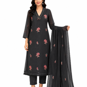 Black Floral Embroidered Cotton Kurta Set