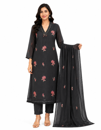 Black Floral Embroidered Cotton Kurta Set