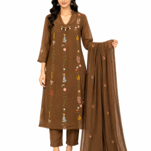 Brown Floral Embroidered Cotton Kurta Pant Set