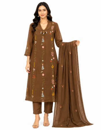 Brown Floral Embroidered Cotton Kurta Pant Set