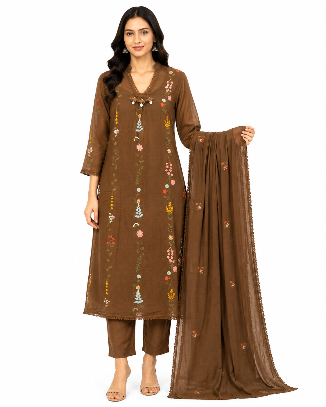 Brown Floral Embroidered Cotton Kurta Pant Set