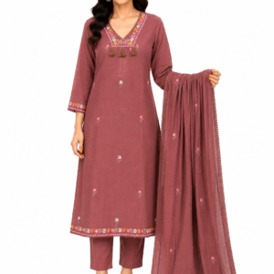 Dusty Rose Floral Embroidered Cotton Kurta Set