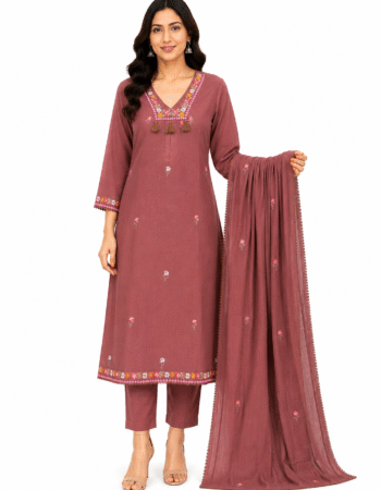 Dusty Rose Floral Embroidered Cotton Kurta Set
