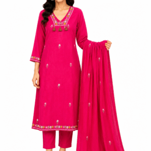 Fuchsia Embroidered Cotton Kurta Pant Dupatta Set
