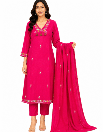 Fuchsia Embroidered Cotton Kurta Pant Dupatta Set