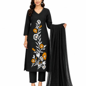 Black Floral Printed Cotton Kurta Set for Women
