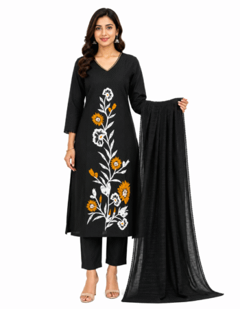 Black Floral Printed Cotton Kurta Set for Women
