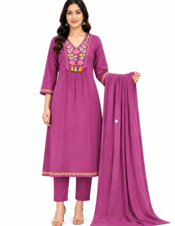 Purple Floral Embroidered Cotton Kurta Set