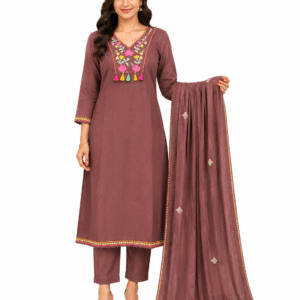 Brown Floral Embroidered Cotton Kurta Set