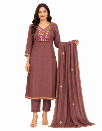 Brown Floral Embroidered Cotton Kurta Set