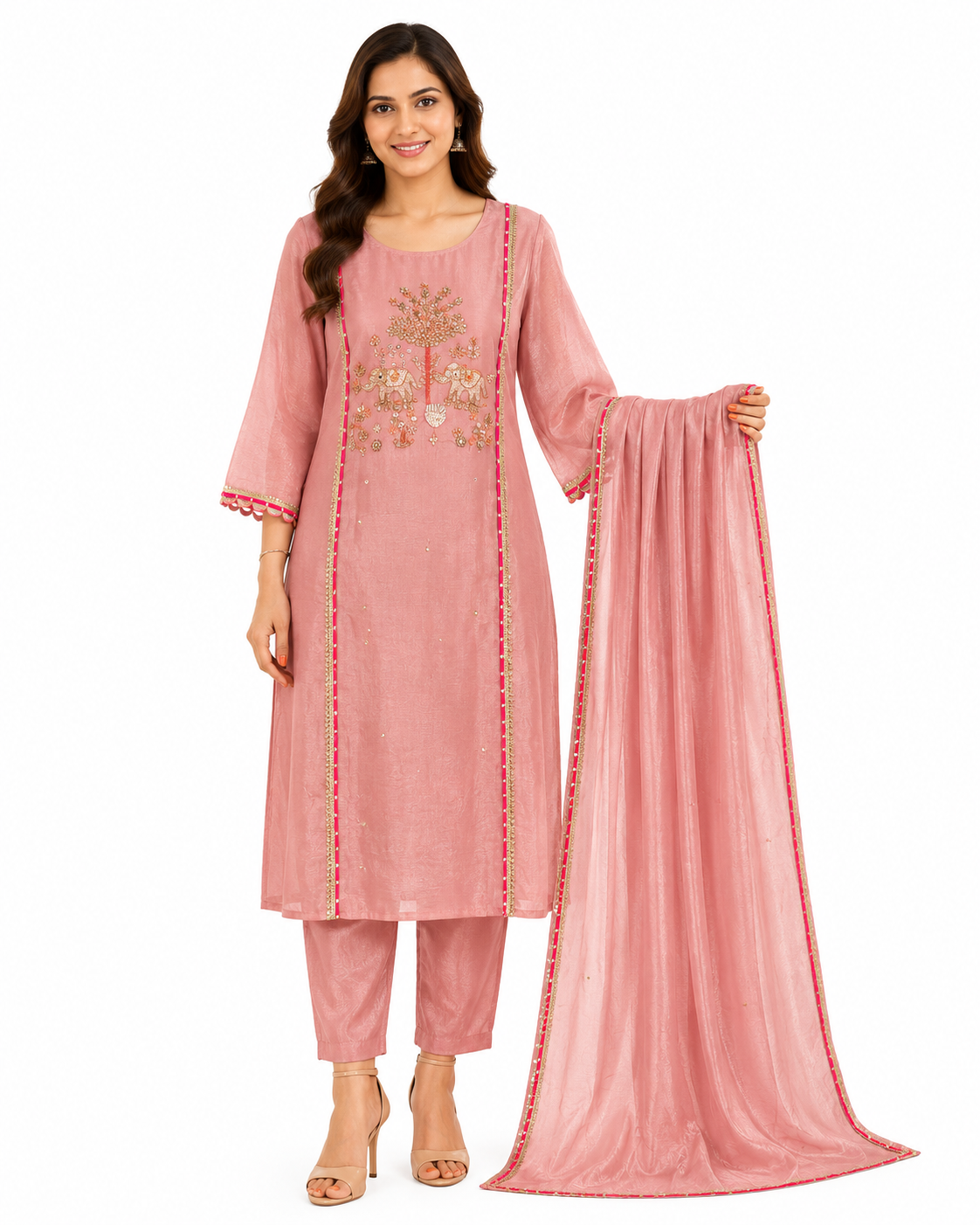 Pink Cotton Kurta Set with Elephant Embroidery for Women
