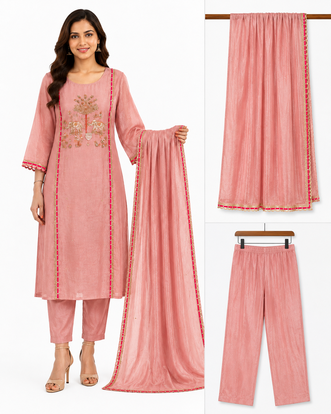 Pink Cotton Kurta Set with Elephant Embroidery for Women
