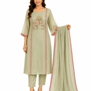 Sage Green Elephant Embroidered Cotton Kurta Set