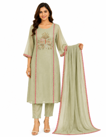 Sage Green Elephant Embroidered Cotton Kurta Set