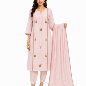 Baby Pink Kurta Set with Floral Embroidery, Cotton Pants and Matching Dupatta for Women