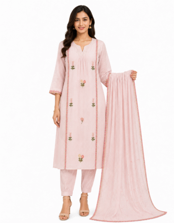 Baby Pink Embroidered Cotton Kurta Set