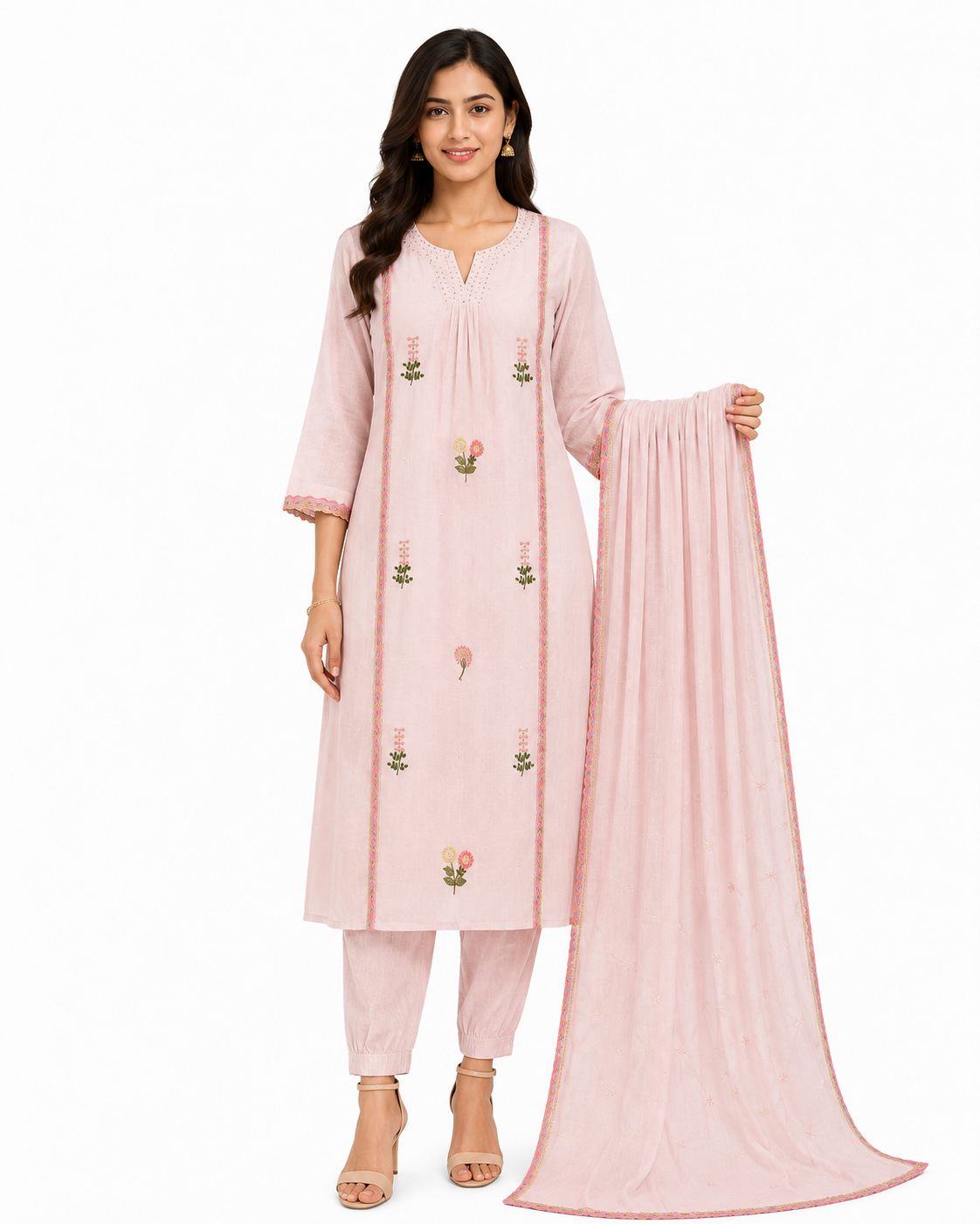 Baby Pink Kurta Set with Floral Embroidery, Cotton Pants and Matching Dupatta for Women