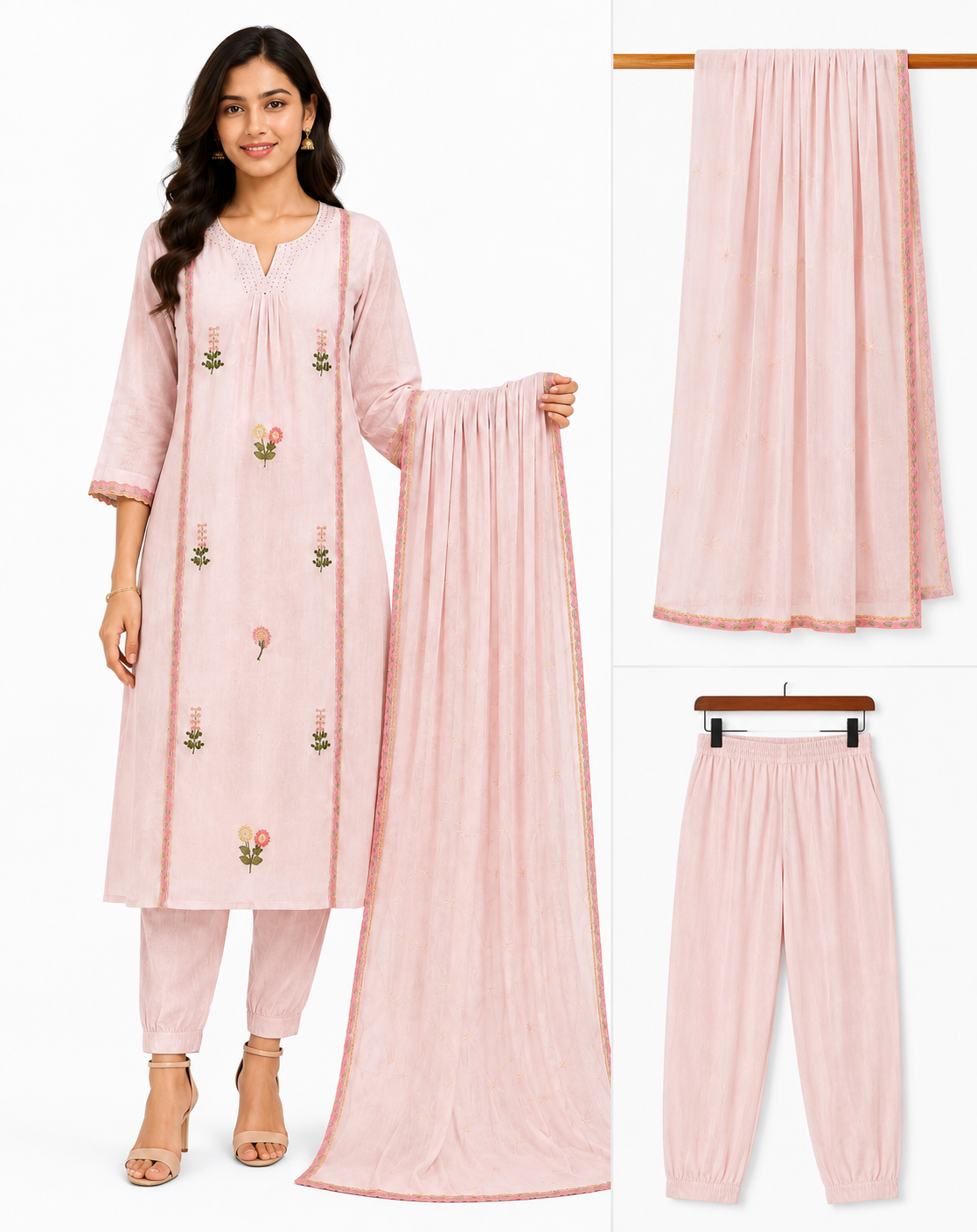 Baby Pink Kurta Set with Floral Embroidery, Cotton Pants and Matching Dupatta for Women