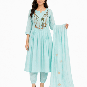 Sky Blue Elegant Cotton Kurta Set for Women with matching pants and lightweight dupatta