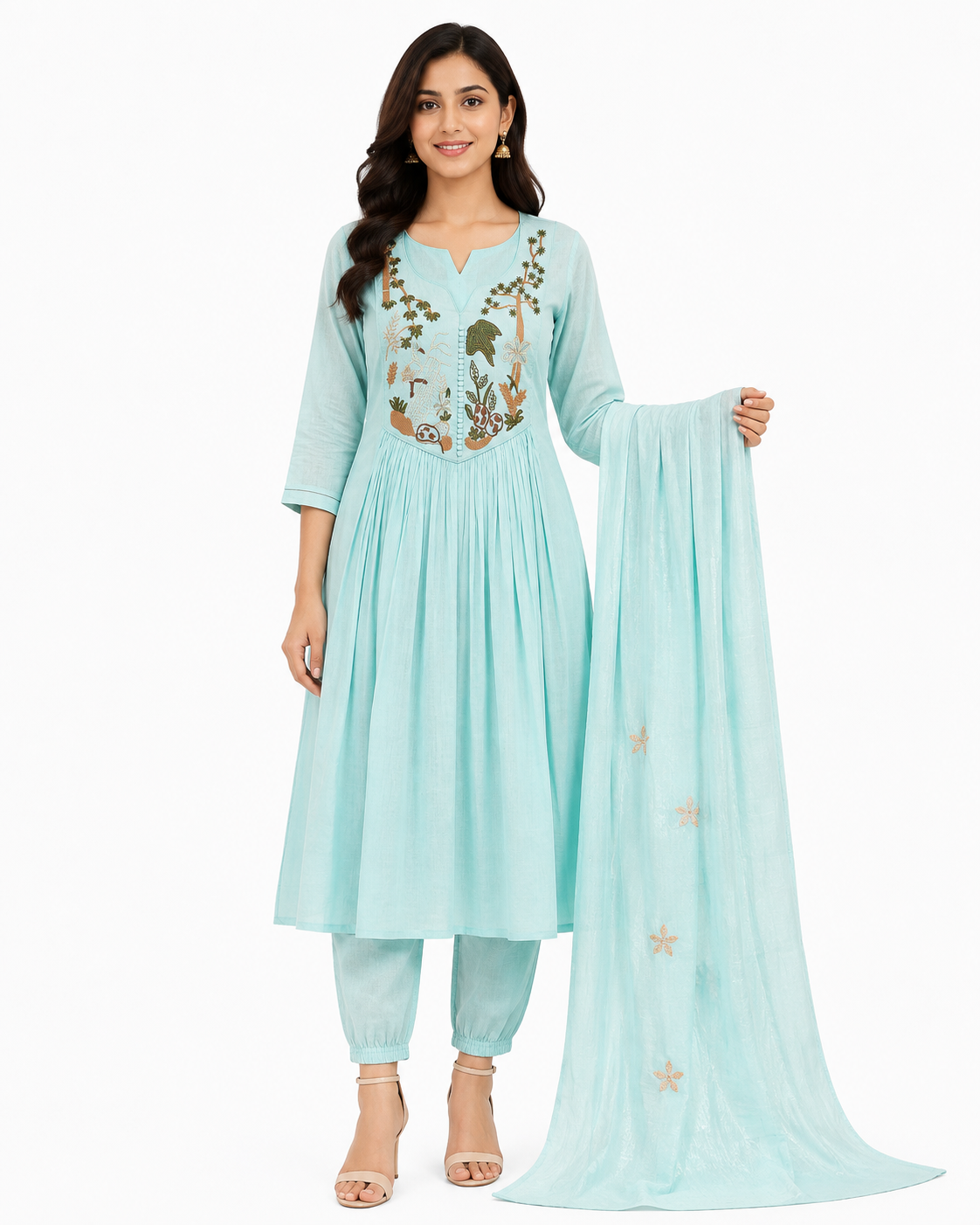 Sky Blue Elegant Cotton Kurta Set for Women with matching pants and lightweight dupatta