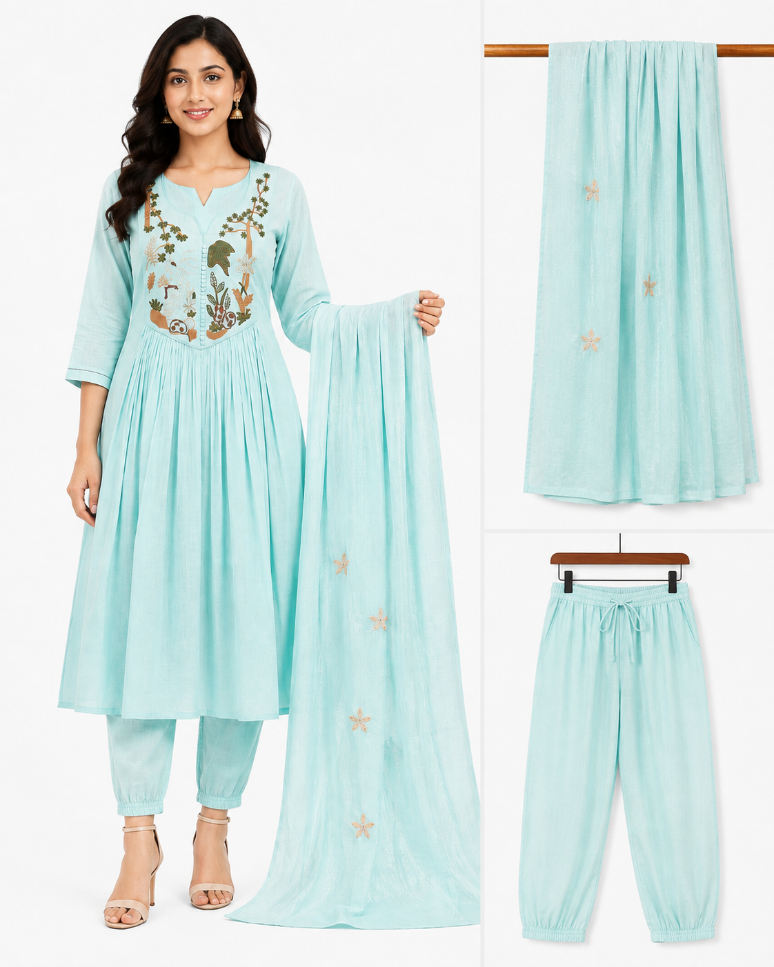 Sky Blue Elegant Cotton Kurta Set for Women with matching pants and lightweight dupatta