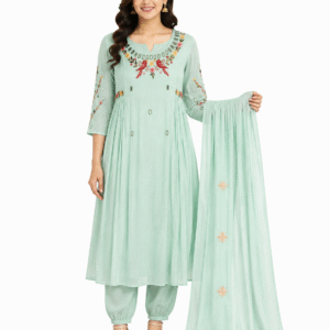 Mint Green Kurta Set with embroidered neckline, matching cotton pants and lightweight dupatta for women