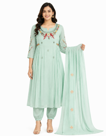 Mint Green Embroidered Cotton Kurta Set