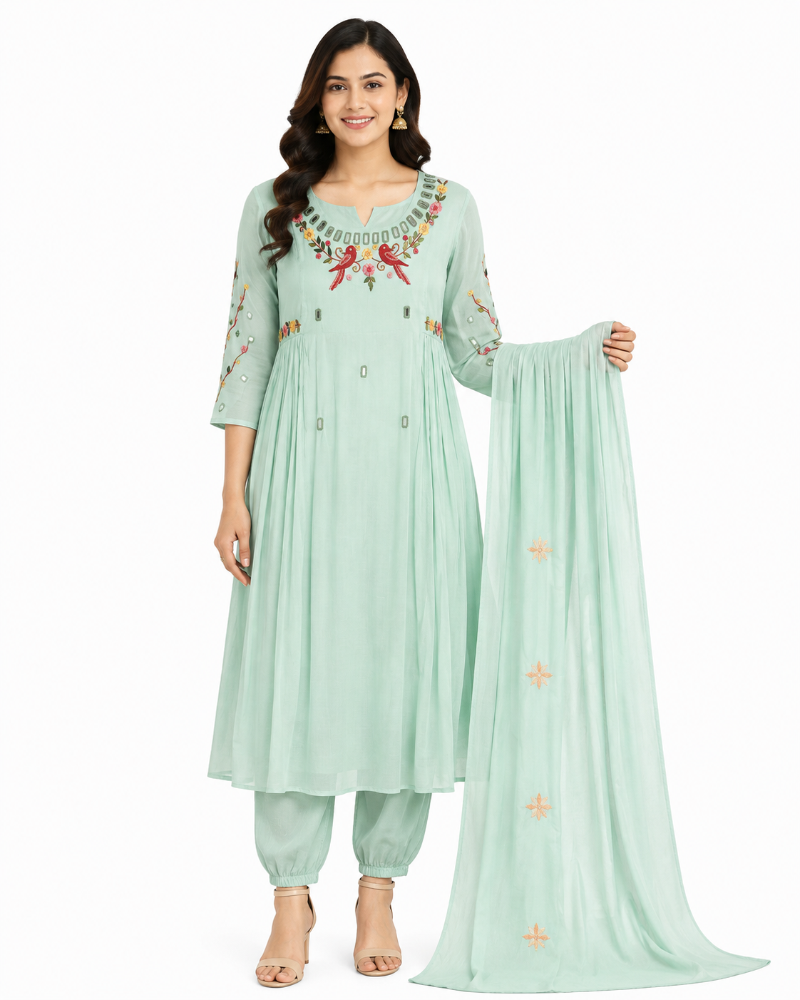 Mint Green Kurta Set with embroidered neckline, matching cotton pants and lightweight dupatta for women