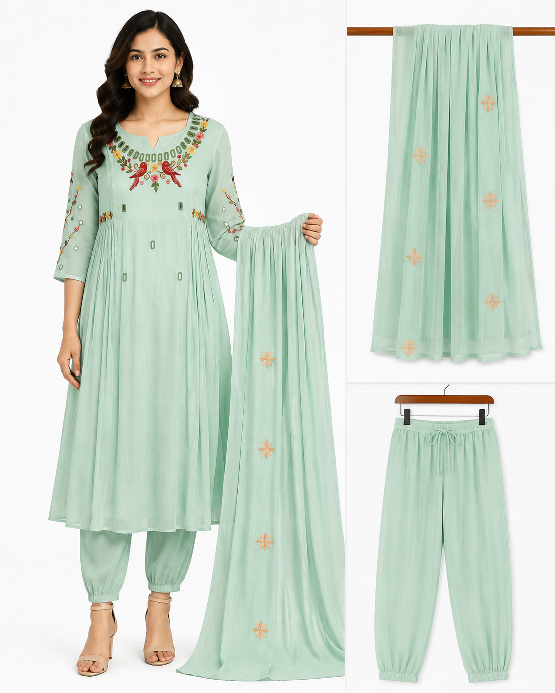 Mint Green Kurta Set with embroidered neckline, matching cotton pants and lightweight dupatta for women