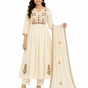 Ivory Anarkali Kurta Set with Floral Embroidery and Dupatta for Women
