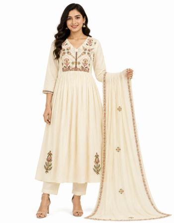 Ivory Embroidered Cotton Anarkali Kurta Set